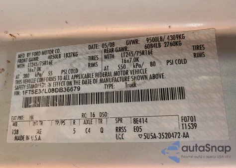 2008 Ford Econoline E350 Super Duty Van from USA, damaged, VIN 1FTSE34L08DB36679